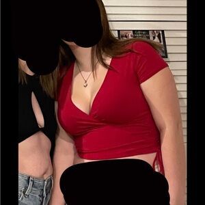 Red V-Neck Wrap Top